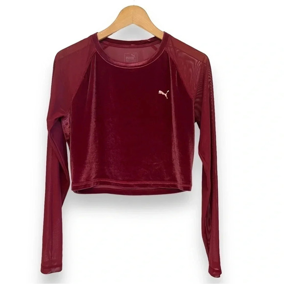 Puma Tops - PUMA Stretch Velvet And Mesh Long Sleeve Burgundy Crop Top Style 516560 Size XL